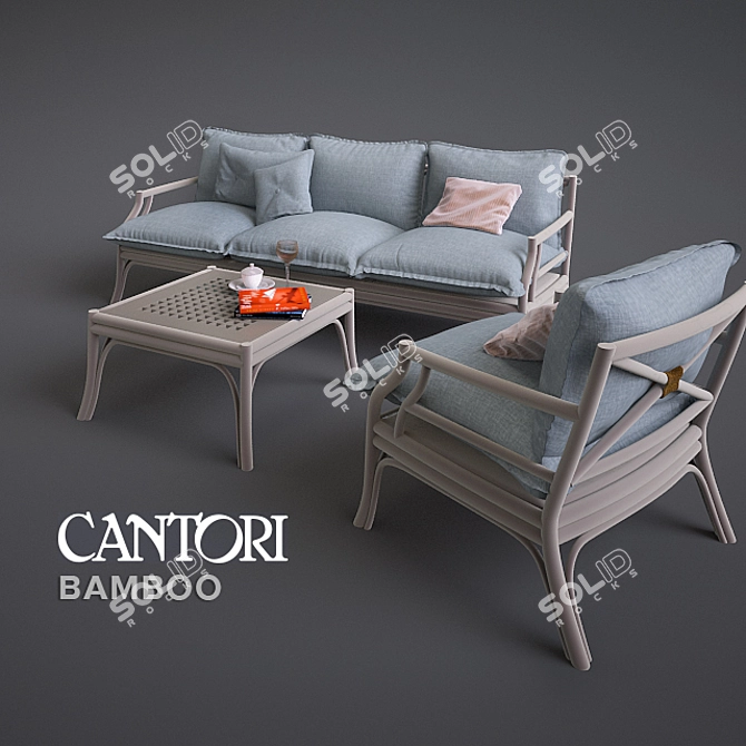 Bamboo Bliss: Handcrafted Wooden Sofa & Table 3D model image 1