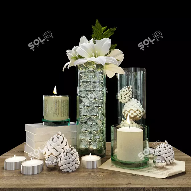 Elegant Décor Set: Flowers, Candles, Cones, Books 3D model image 1