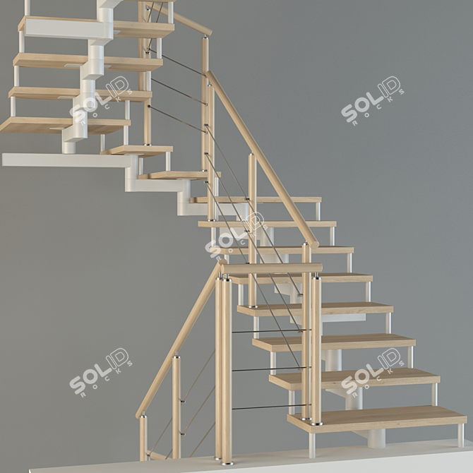 Modular Metal Frame Staircase with Open Wooden Steps 3D model image 3