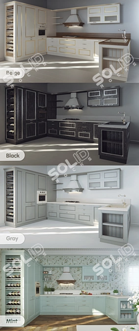 DEKS Kitchen Set: 4 Finishes + Hood, Faucet Handles, Wine 3D model image 2