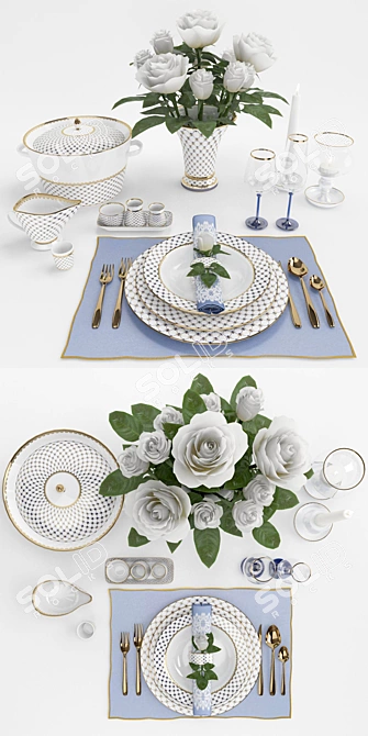 Elegant Rose-themed Table Setting 3D model image 2