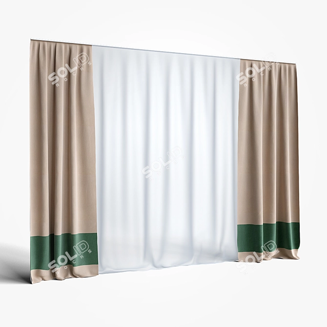Double Straight Curtains with Tulle | 3m Height 3D model image 1