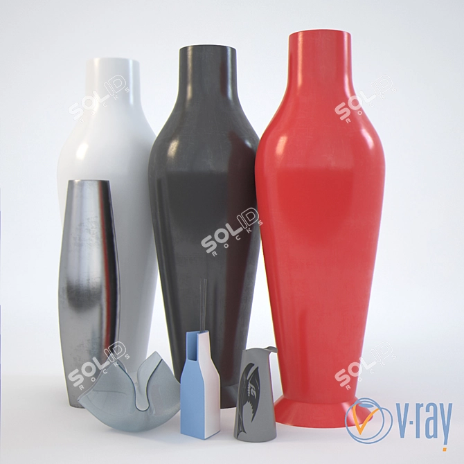 Designer Glass and Chrome Vase Set 3D model image 1