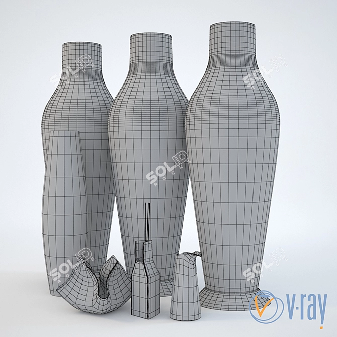 Designer Glass and Chrome Vase Set 3D model image 2