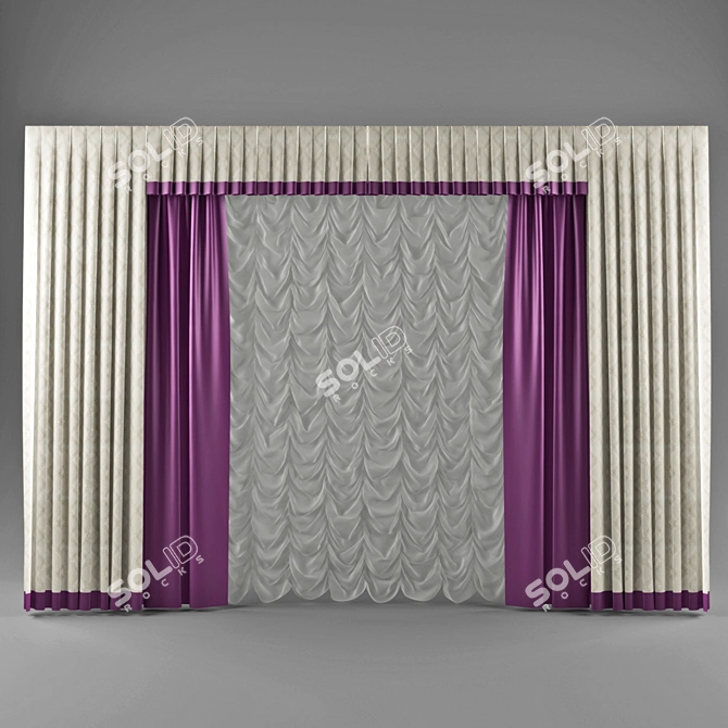 Elegant Curtain Set with Fixed Folds 3D model image 1