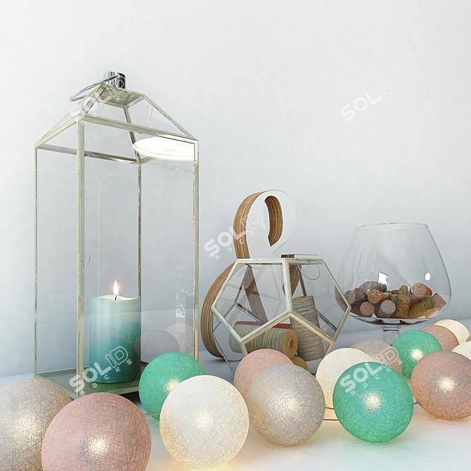 Versatile Decor Set: Cotton Balls, Spools, Candle & Corks 3D model image 3