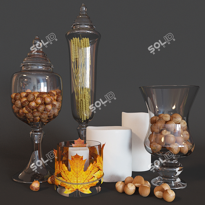 Autumn Harvest Decor: Vases, Candles, Nuts, and Wheat 3D model image 1