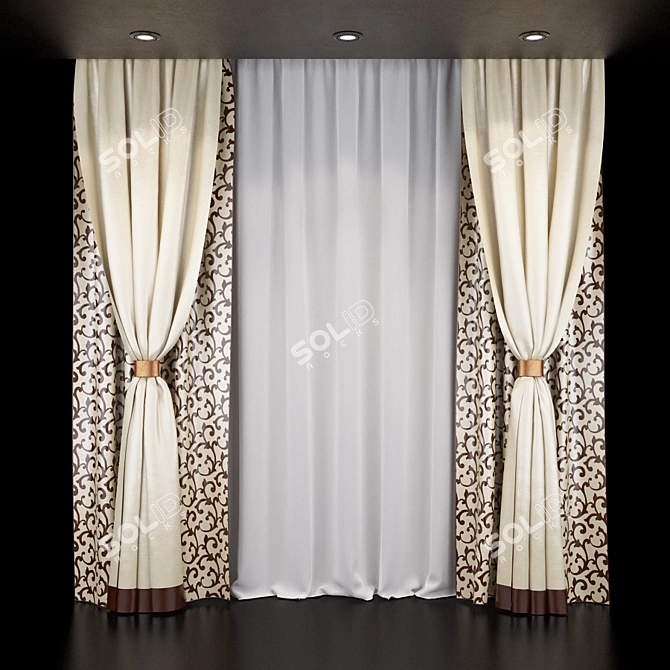 Elegant Chocolate Cream Curtain Set 3D model image 1