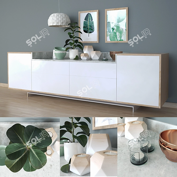 Elegant Décor Set: Sideboard, Plant, Lamp 3D model image 1