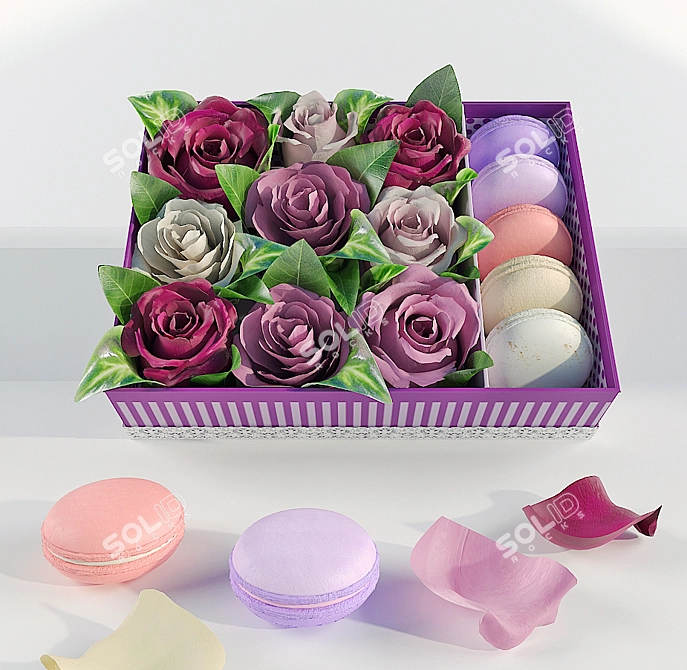 Title: Floral Decadence: Box of Roses & Macarons 3D model image 2