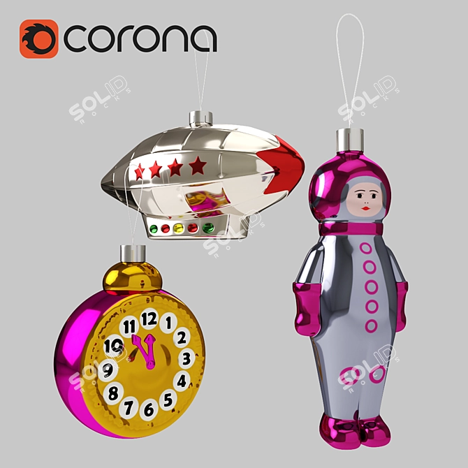 New Year's Toy Trio: Astronaut, Clock, and Airship 3D model image 1