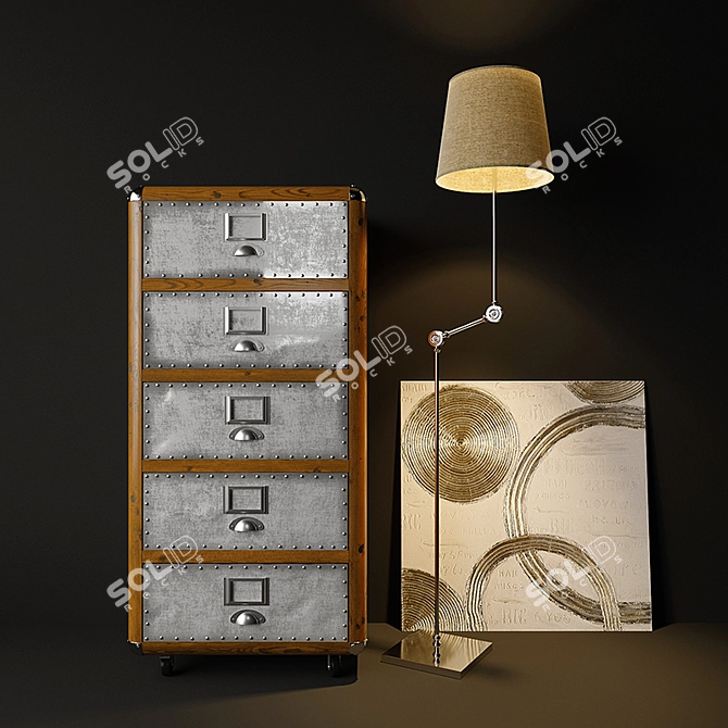 Elegant Silver Chest of Drawers & Table Lamp 3D model image 1