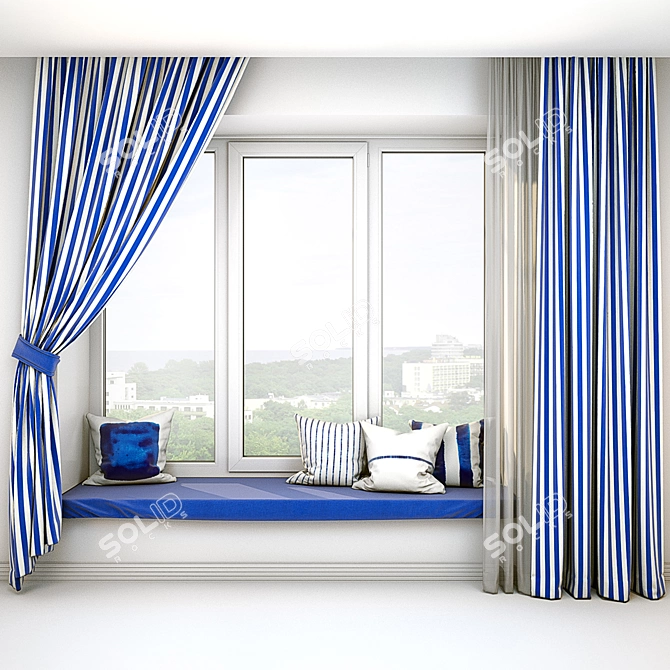 Cozy Cushioned Sill with Curtains 3D model image 1