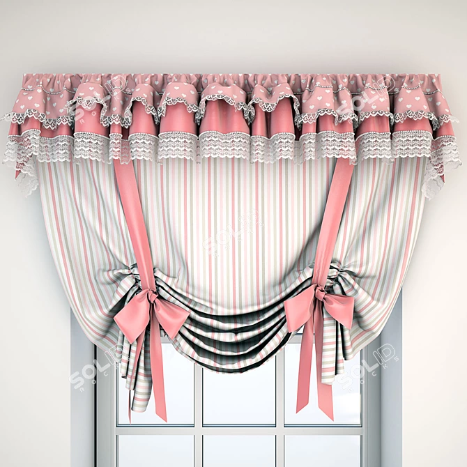 Vintage Pink Lace Curtain with Bows 3D model image 1