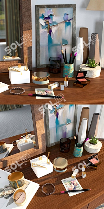 Chic Decor Dresser: Tau Madera Lamp, Designer Table, Floral Vase, Tom Ford Makeup, Mac Cosmetics Lip Pencils 3D model image 2