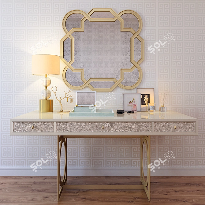 Luxury Dressing Table Set: Bernhardt Desk, Mirror, Shagreen Box & Tray, Lamp, Decor 3D model image 1