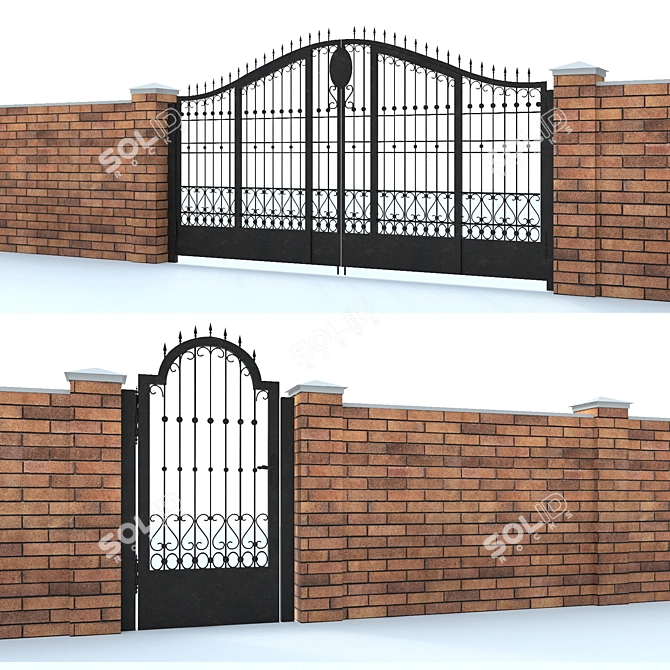 Rustic Brick Fence with Wrought Iron Gates 3D model image 1