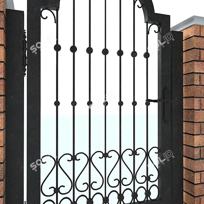 Rustic Brick Fence with Wrought Iron Gates 3D model image 2