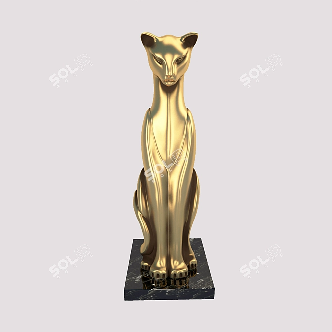 Golden Cat Figurine on Marble Base 3D model image 2