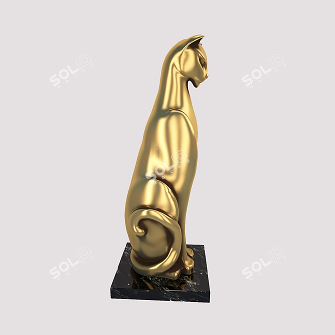 Golden Cat Figurine on Marble Base 3D model image 3