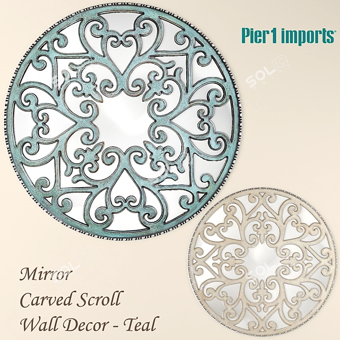 Teal Carved Scroll Mirror: Elegant Wall Decor 3D model image 1