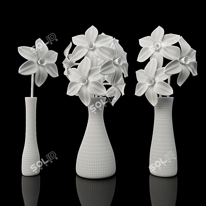 Elegant Glass Vases with White Daffodils 3D model image 2