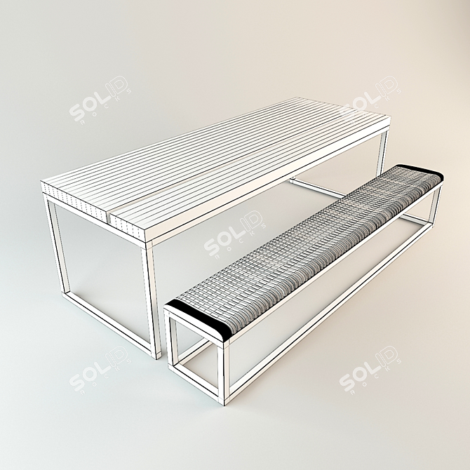 Modern Ash Wood Table and Bench 3D model image 2