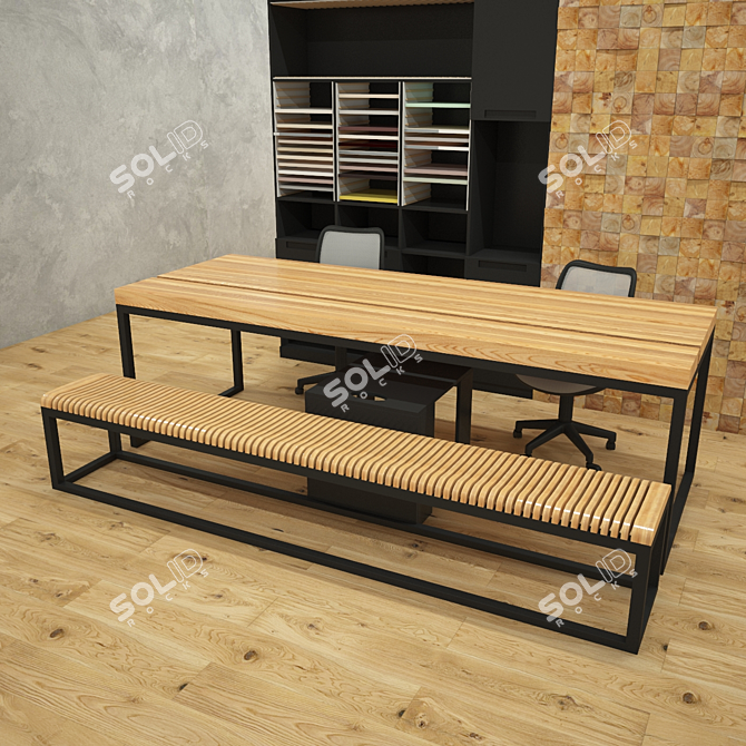 Modern Ash Wood Table and Bench 3D model image 3