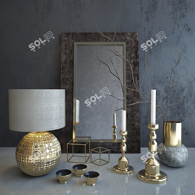 Luxury Gold Decor Set - Elegant Lighting, Candleholders, Mirror, Vase & Branches 3D model image 1