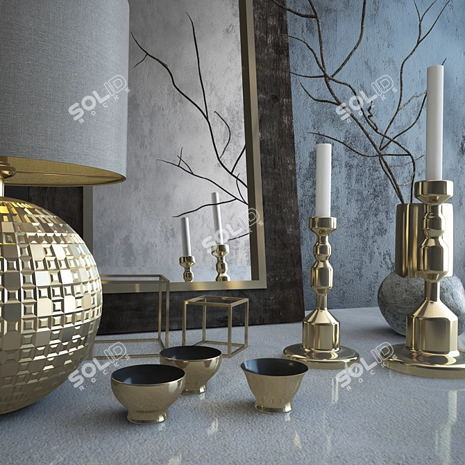 Luxury Gold Decor Set - Elegant Lighting, Candleholders, Mirror, Vase & Branches 3D model image 2