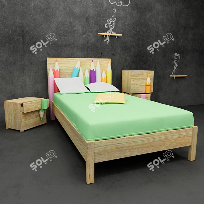 Italian Pencil Design Bed & Nightstand 3D model image 2