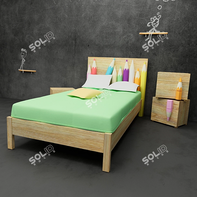 Italian Pencil Design Bed & Nightstand 3D model image 1