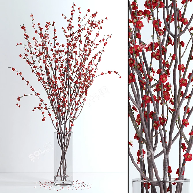 Realistic Red Blossom Branches 3D model image 1