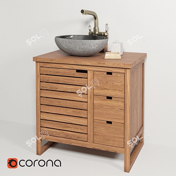 Natural Stone Sink Set with Teak House Cabinet & Lemark Mixer 3D model image 1