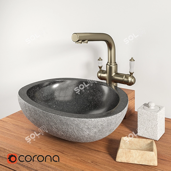 Natural Stone Sink Set with Teak House Cabinet & Lemark Mixer 3D model image 2