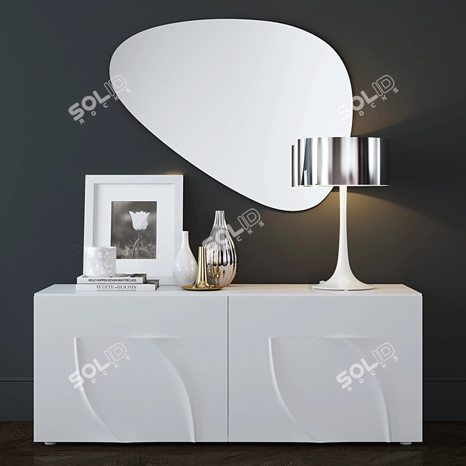 Elegant Leaves Chest with Stone Mirror & Pluto Lamp 3D model image 1
