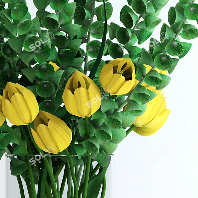 Realistic Yellow Tulips & Moluccella Bouquet 3D model image 2