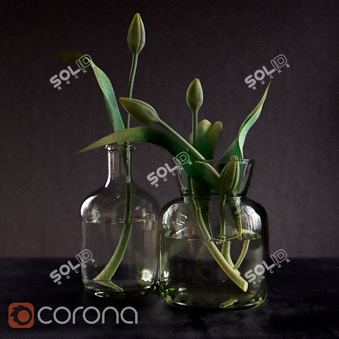 Title: Lush Green Tulips in Bottles 3D model image 1