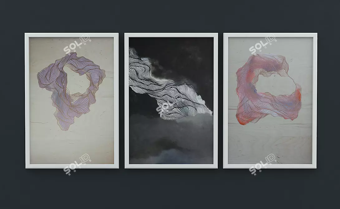 Elegant Trio: Abstract Painting Set 3D model image 3