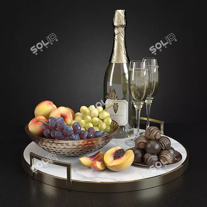 Sparkling Champagne and Fruity Delights 3D model image 1