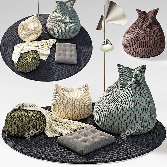 Cozy Knitted Poufs with Luminous Floor Lamp 3D model image 1