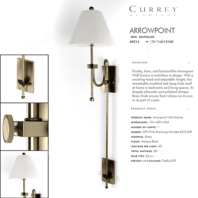 Sleek CURREY & COMPANY Arrowpoint Wall Sconce 3D model image 1