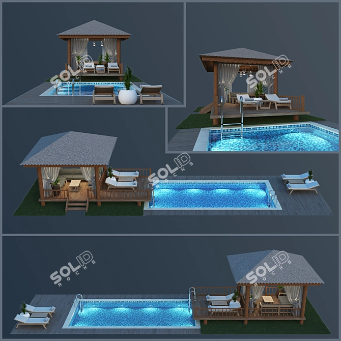 Wooden Gazebo with Pool Combo 3D model image 1