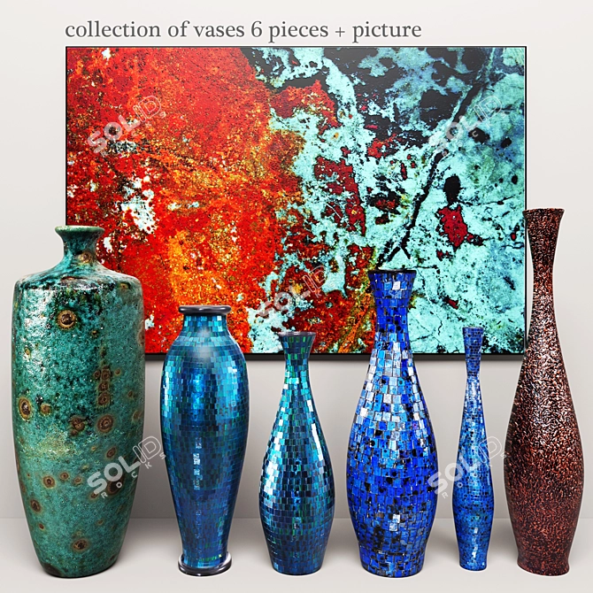 Turquoise Mosaic Vase Set: Handmade Beauty 3D model image 1