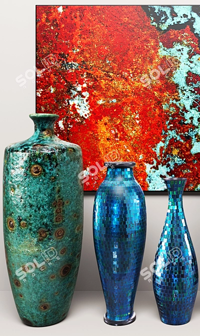 Turquoise Mosaic Vase Set: Handmade Beauty 3D model image 2