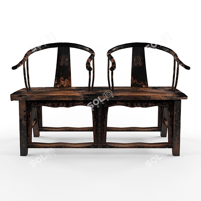 Title: Antique Rustic Elm Wood Bench 3D model image 2
