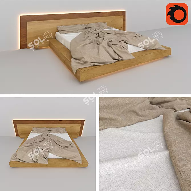 EcoBed: Stylish Wooden Frame with Linen Bedding & LED Lighting 3D model image 1