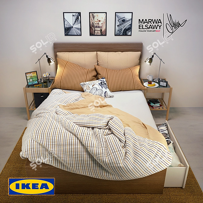 Ultimate IKEA MALM Bed Set: Drawers, Pillows, Linen, and More 3D model image 1