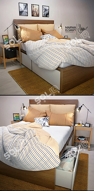 Ultimate IKEA MALM Bed Set: Drawers, Pillows, Linen, and More 3D model image 2