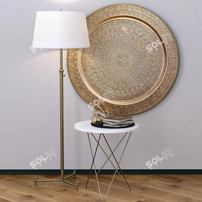 Elegant Decor Set: Floor Lamp, Side Table & Brass Metal Disc 3D model image 1